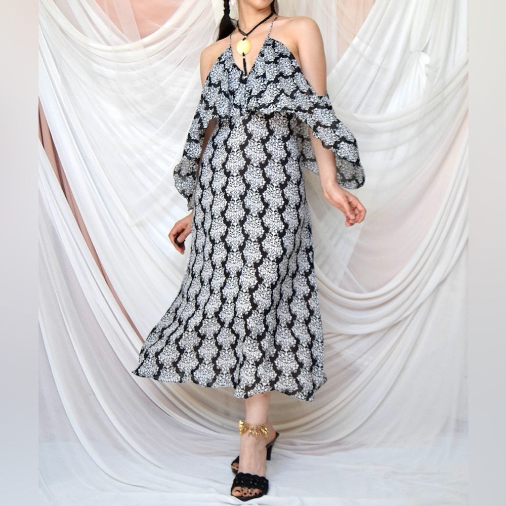 Zara Black and White floral Midi Dress V neck and Off Shoulder ruffle detail